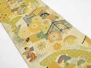 アンティーク　扇に御所車・貝合わせ・琴模様織り出し丸帯（材料）